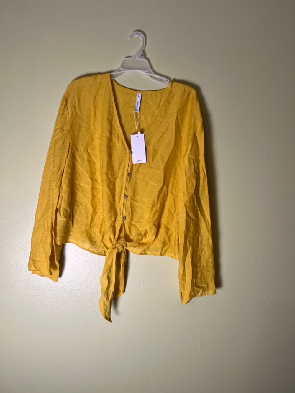 Mango Mustard Yellow Tie-Front Button-Down Top
